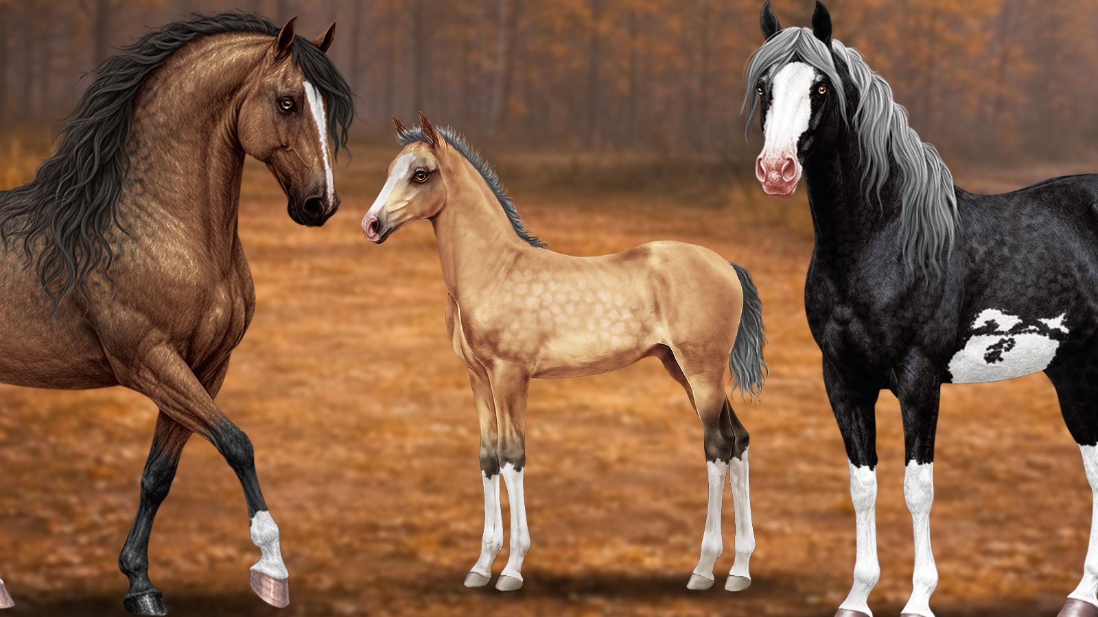 A foal with its two parents