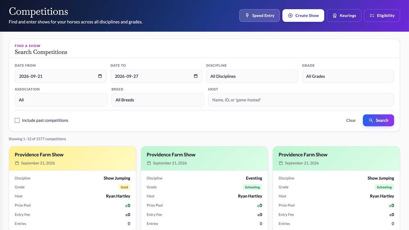 Screenshot: Competitions list