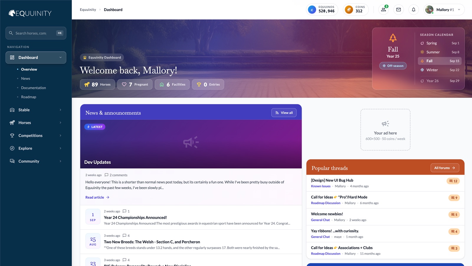Screenshot: Your stable dashboard